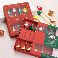 Christmas Theme Silverware Gold Spoon Fork Set Elk Christmas Tree Decoration Dessert Scoop Fruit Fork Coffee Spoon Cutlery Set