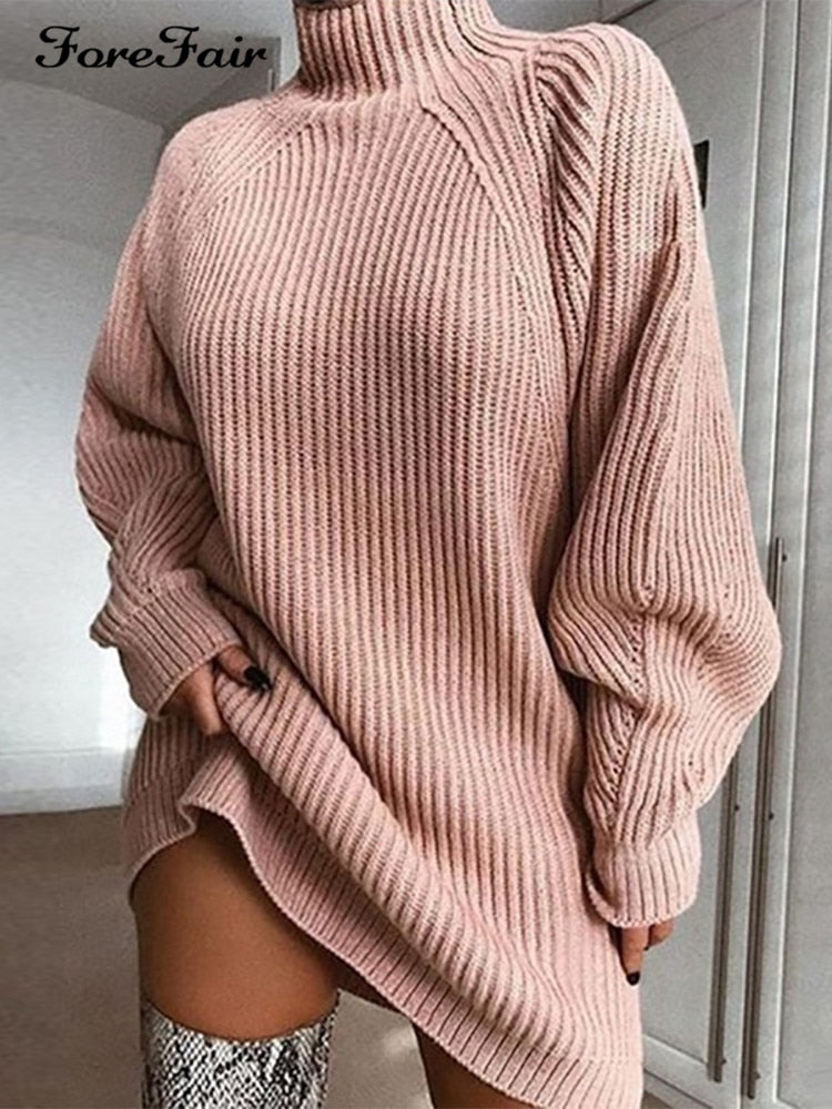 Women's Sweater Dress Elegant Turtleneck Lantern Sleeve Knit Long Sweater Comfy Warm Long Sweaters