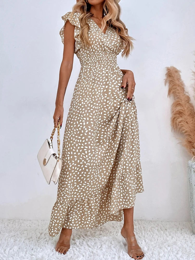 Chiffon Long Print Dress for Women Spring/Summer Sleeveless V-Neck Polka Dot Dress Bohemian Beach Sundress Casual Elegant A-Line Dresses