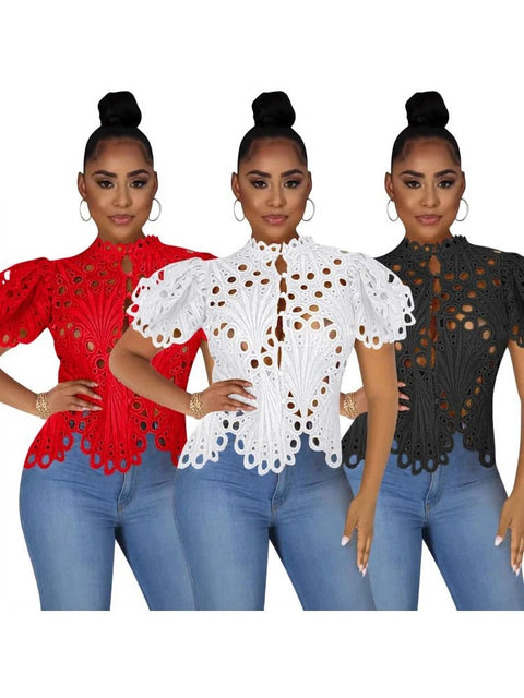 Blouse Women Casual Short Lantern Sleeve Stand Collar Lace Hollow Out Chic Elegant Top Shirt
