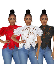 Women's Casual Short Lantern Sleeve Stand Up Collar Shirt Sexy Lace Hollow Out Shirt Blouse Chic Tops