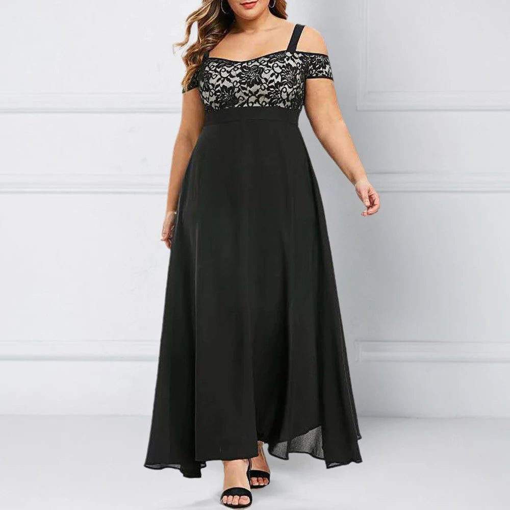 Black off-shoulder dress with lace detailing on a white background