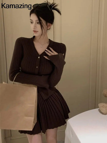 Elegant Pleated 2 Piece Skirt Set Slim Button Knitted Cardigan + High Waist Pleated Mini Skirt