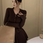 Elegant Pleated 2 Piece Skirt Set Slim Button Knitted Cardigan + High Waist Pleated Mini Skirt