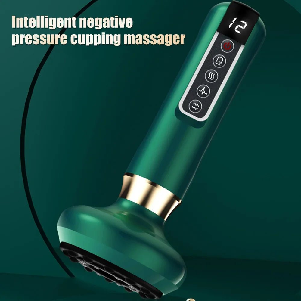 Green intelligent negative pressure cupping massager with digital display on a dark green background