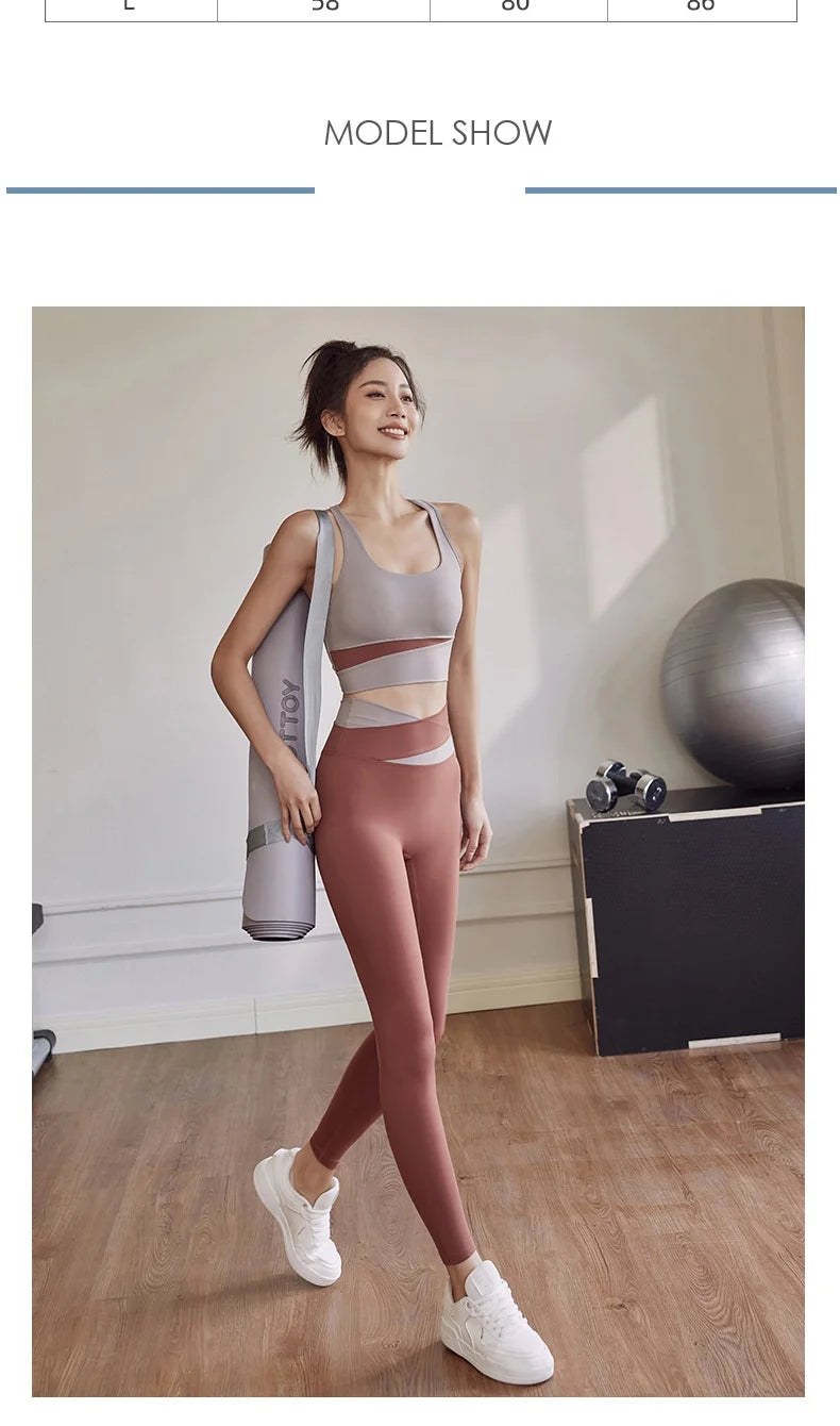 Woman in athletic wear standing in a room with exercise equipment.
