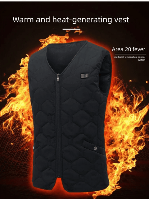 Black warm and heat-generating vest with flames in the background