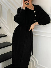 Vintage Mock Neck Midi Dress Long Sleeve Knitted  Long Dresses Ribbed Mock Neck With Buttons