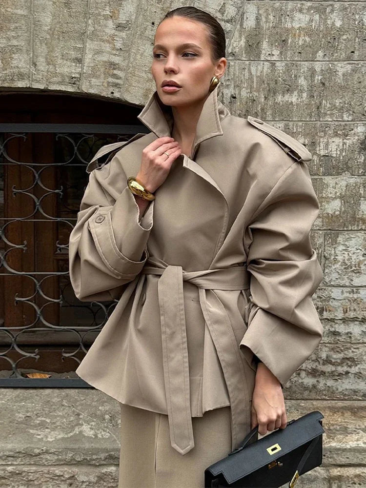 Khaki Belted Lace-Up Short Trench Coat for Women 