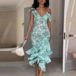 Women's Floral Print Smocked Ruffle Midi Dress Vintage Sleeveless Spaghetti Strap Tiered Slim Fit Prom Evening Dress