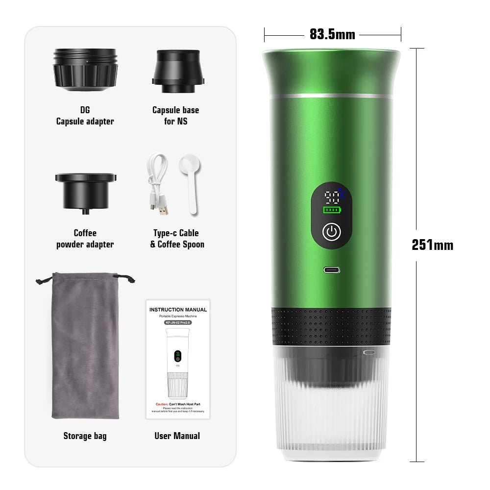 Green coffee maker with accessories and dimensions on a white background