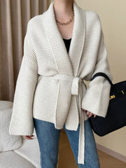 Knitted Cardigan Sweater Loose Lace Up Waist Oversized Warm Cardigan for Women One Size