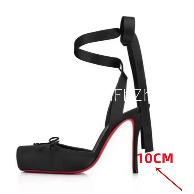 Stunning Black Satin High Heel Sandals with 10cm Red Sole w/ Ankle Straps