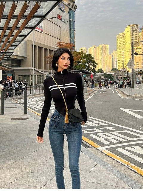 Zip Neck Slim Knit Sweater Women Long Sleeve Casual Warm Everyday Winter Fashion Top