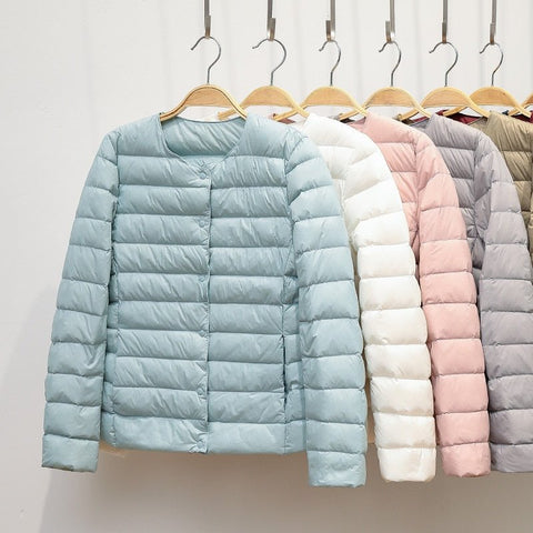 Down Puffer Jacket Women Ultra Light 90% Duck Collarless O-Neck Warm Winter Outerwear Fashion