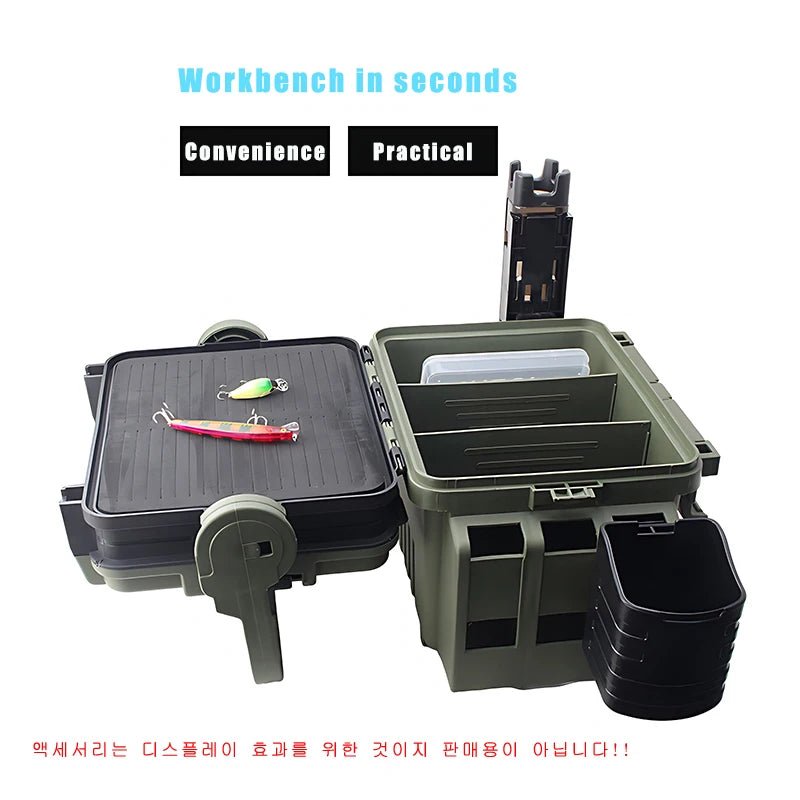 Green fishing tackle box with compartments and fishing lures on a white background
