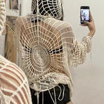 Hooded Knitwear Pullover Spider Web Hole Jumpers Irregular Hollow Out Pullover Grunge