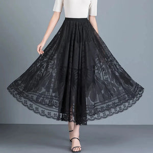 Chic Lace Midi Skirt New Fashion A-Line Long Skirt Big Swing Hollow Out Pleated Gauze Skirt