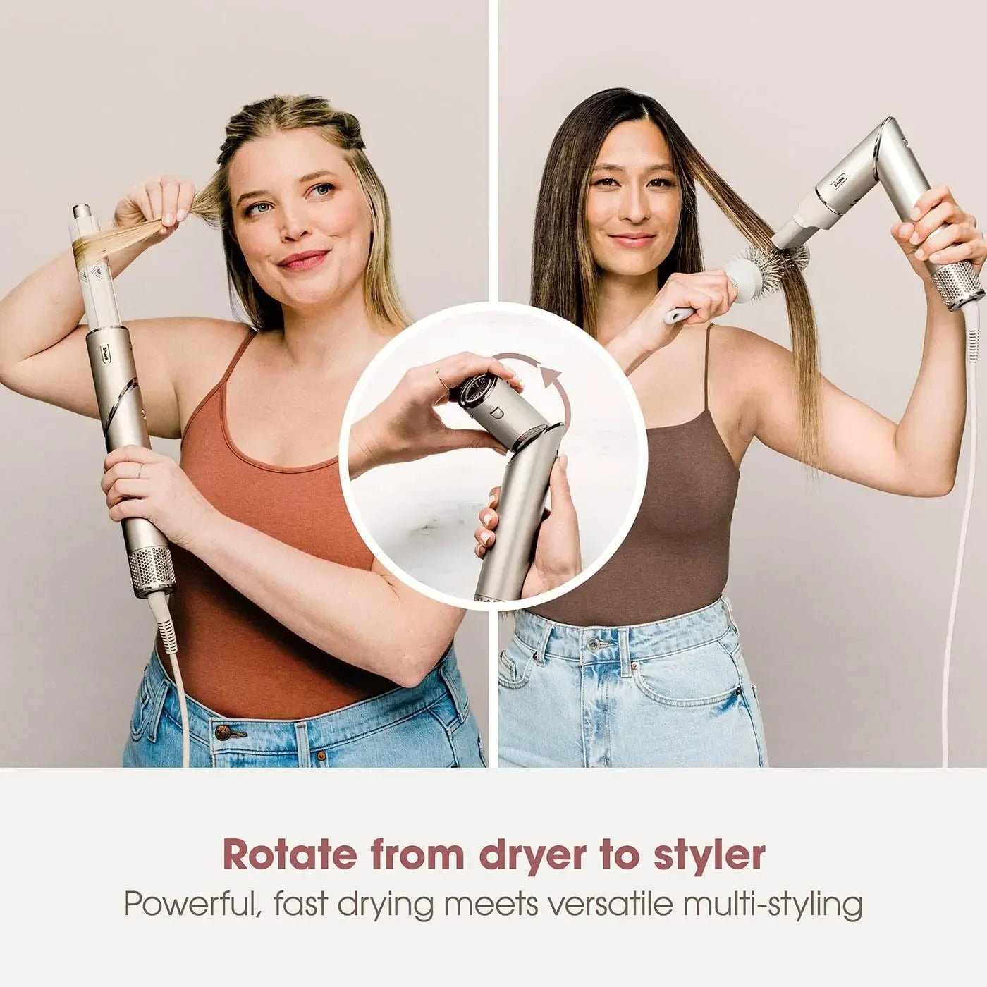 Two women using a hair styling tool on a plain background with text about its features.