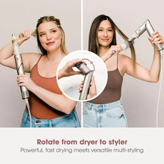 Two women using a hair styling tool on a plain background with text about its features.
