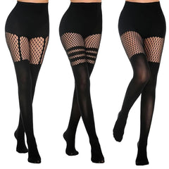 Black fishnet tights with mesh panels on a white background