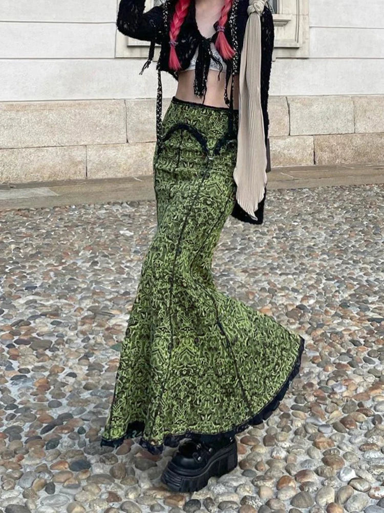 Y2K Vintage Fashion Green Long Mermaid Skirt Graphic Print Lace Trim Mid-High Waist Skirt 2000s Aesthetic