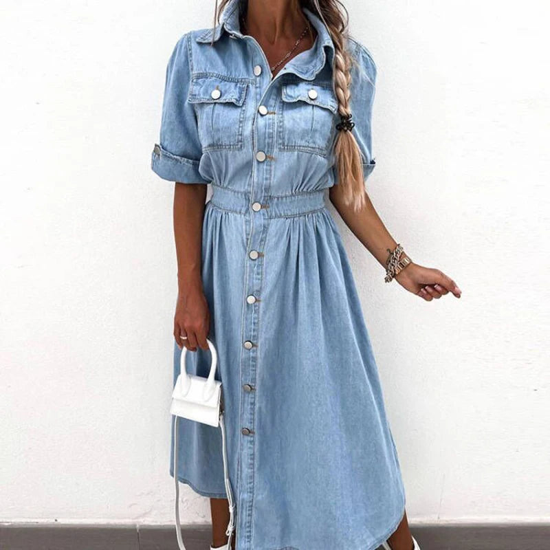 New Fashion Elastic Waist Lapel Jean Dress Casual Midi Dress w/ Pockets Elegant Single Breasted Solid Denim Dress