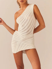 Women's Y2K Crochet Knit Dress One Shoulder Hollow Out Backless Bodycon Mini Sweater Dress