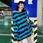 Women's Punk Gothic Style Aesthetic Sweater Dress Striped Distressed Holes Jumpers