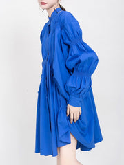 Asymmetrical Pleated Loose Fit Dress New Stand Collar Long Sleeve Loose Fit Fashion Dress