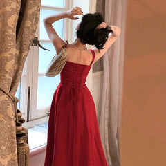French Elegant White Strap Midi Dress New Fashion Casual Evening Party Dress Beach Sleeveless Lace-Up Dress