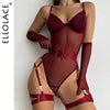 Tight Fitting Lace Bodysuit Sexy See Through Lingerie Bodysuit With Gloves Garter Night Club Outfit Mesh Top