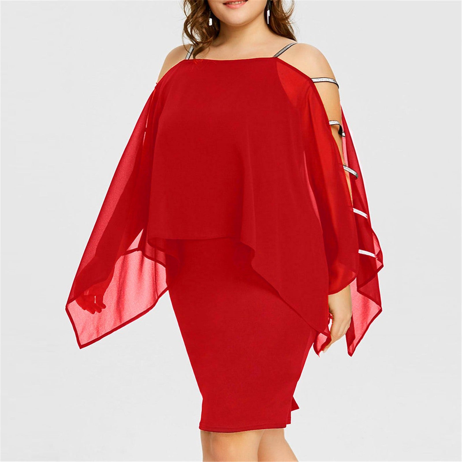 Plus Size Cold Shoulder Cape Dress with Sheer Overlay  Asymmetric Chiffon Strapless Mini Dress