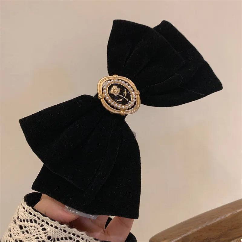 Black Velvet Bow Hair Pins Elegant Fabric & Alloy Rose Hair Clips for Women Fashion Ponytail Barrette Headwear Accessories