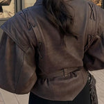 New Fashion Faux Leather Women's Short Jacket With Belt Turn Down Collar Long Sleeve Motorcycle Coat Warm Outerwear