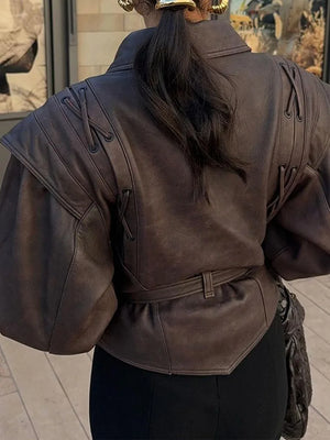 New Fashion Faux Leather Women's Short Jacket With Belt Turn Down Collar Long Sleeve Motorcycle Coat Warm Outerwear