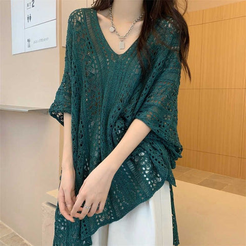 Hollow Out Knit Sweater Women Short Half Sleeve Casual Chic Everyday Fashion Top