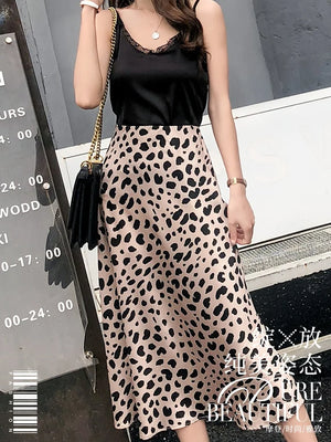 Trendy Boutique Simulation Silk Skirt Beautiful Leopard Print High Waist Midi Satin A-Line Skirt