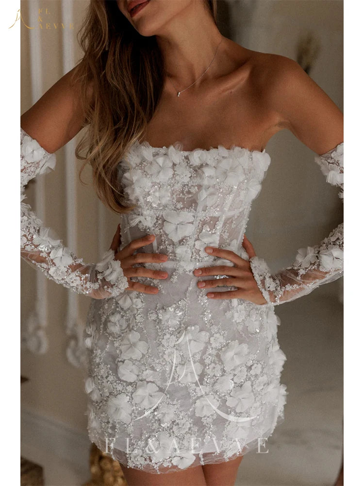 White lace dress with long sleeves worn by a model indoors.