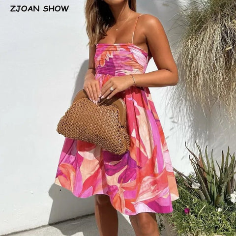 Mini Dress Women Flower Print Slash Collar Ruched Chest Sling Backless Boho Casual Summer Dress