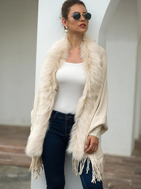 Faux Fur Shawl Women Winter Wrap Boho Fringe Oversized Poncho Cardigan Sweater Warm Casual Fashion