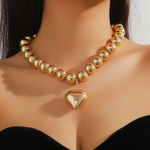 SteamPunk CCB Ball Bead Necklace – Vintage Pearl & Gold Heart Pendant Choker for Women