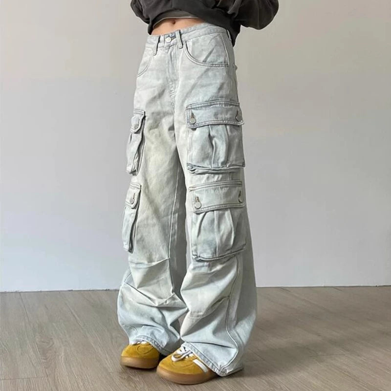 Cargo Jeans American Style Street Style Baggy Cargo Pants for Women Multi-pocket Wide Leg Denims