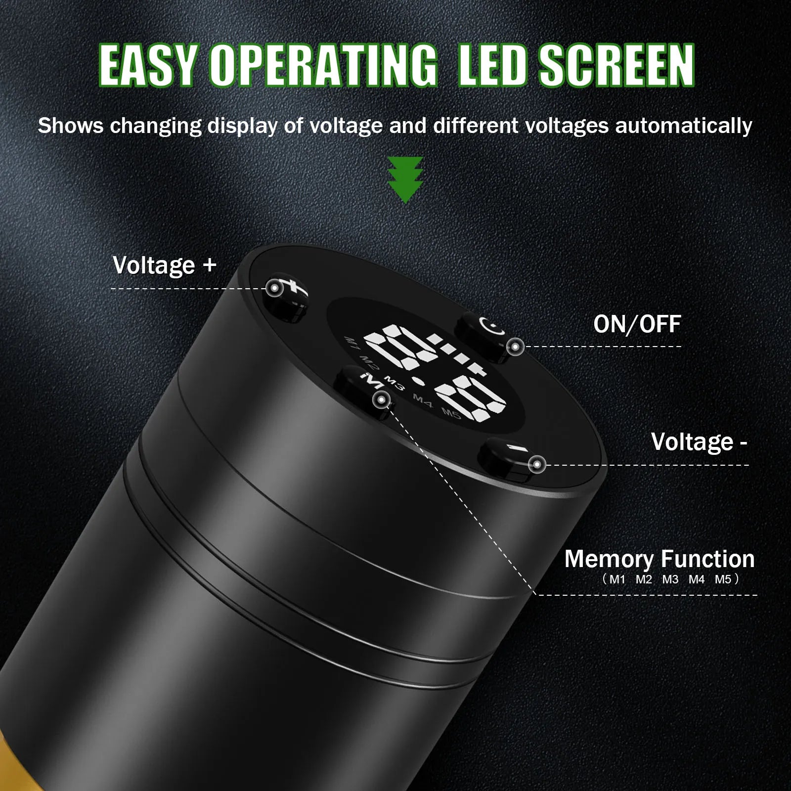 Black Tattoo Pen Machine with digital display on a dark background, featuring text about voltage and memory function.