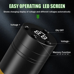 Black Tattoo Pen Machine with digital display on a dark background, featuring text about voltage and memory function.
