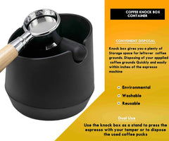 Black coffee knock box with a scoop on an orange and white background