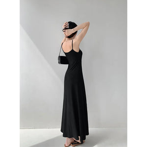 Women's Grey Dress Spaghetti Straps Sleeveless Sexy Fashion Simple Temperament Long Dresses