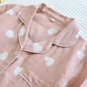 Heart-Print Long-Sleeve Pajama Set 100% Cotton