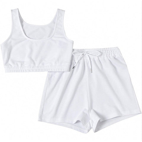 Yoga Shorts Set Women 2-Piece Fitness Vest Crop Top Workout Gym Activewear Casual Fashion