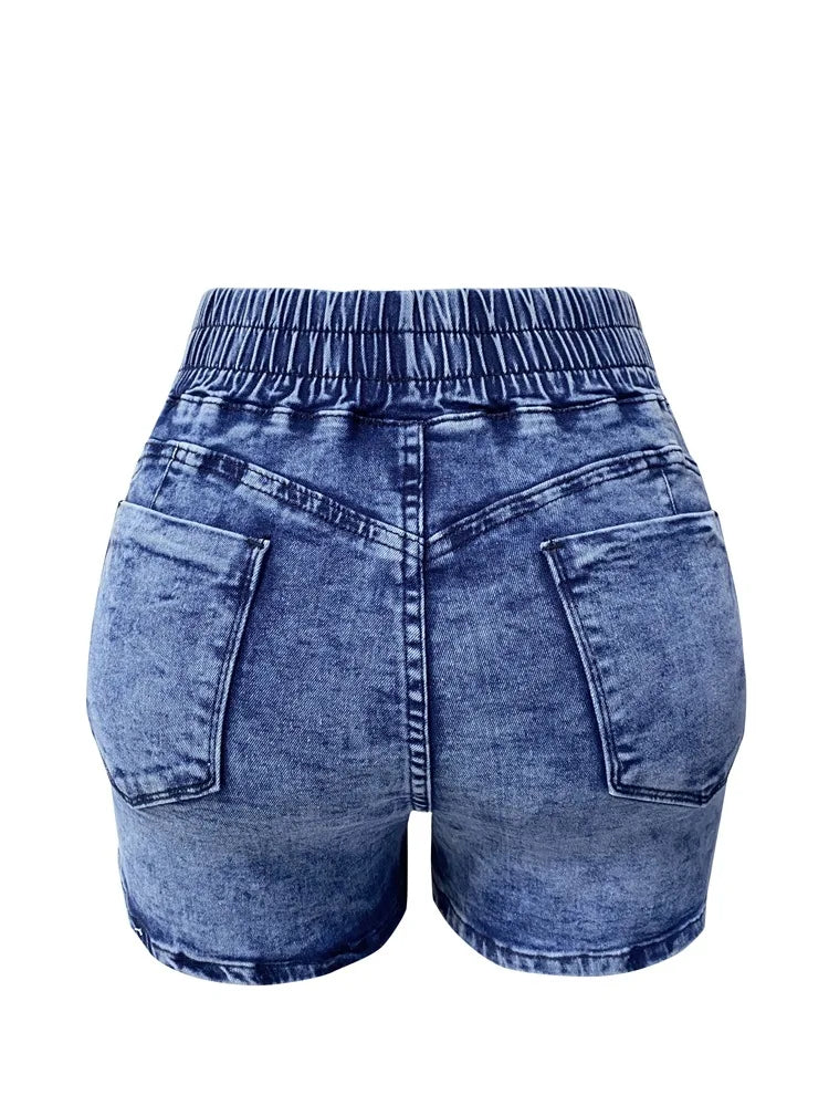 Women's Jean Shorts Casual High Waist Pockets Elastic Waist Drawstring Denim Shorts
